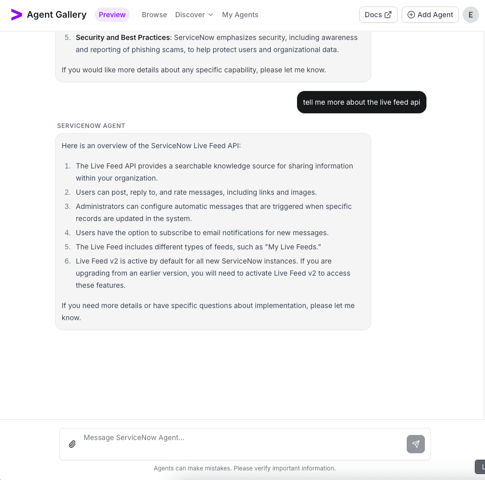 ServiceNow agent handling follow-up prompts
