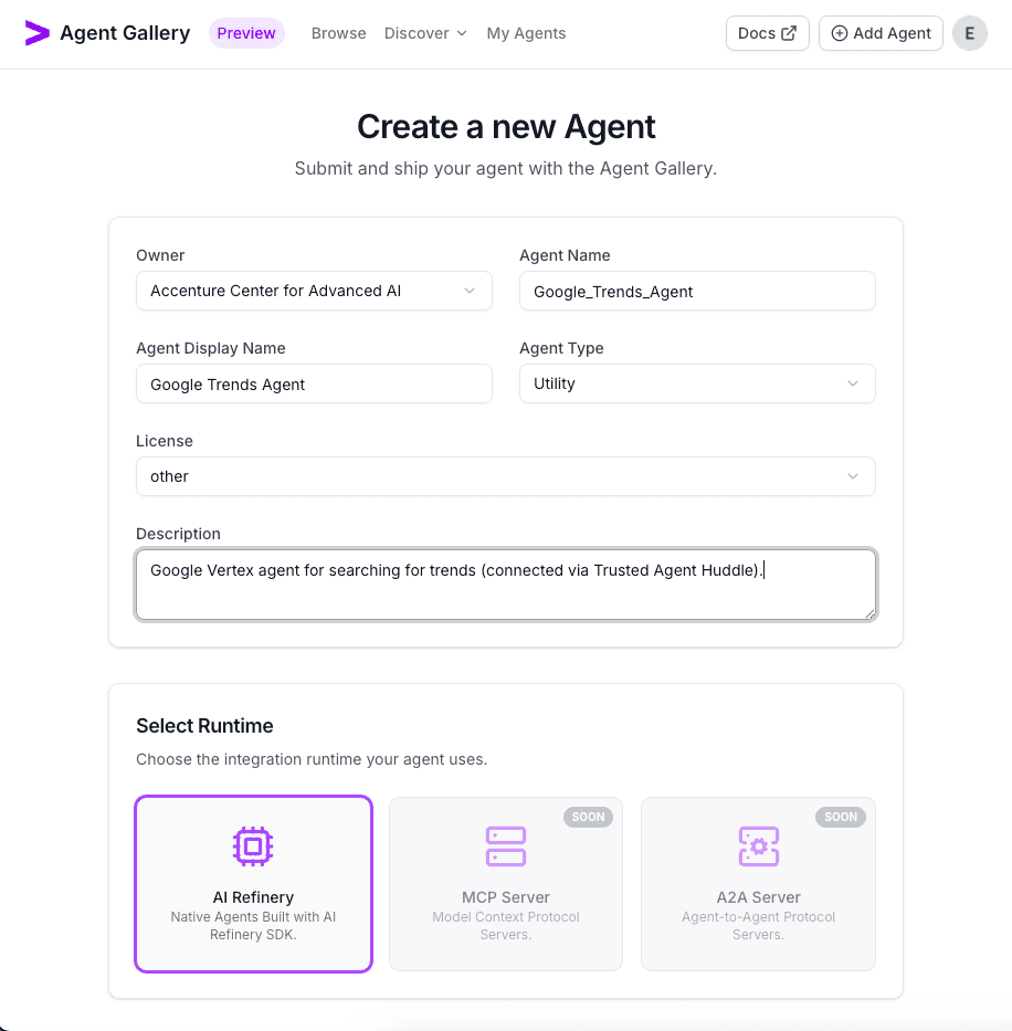 Create Google Vertex agent form completed