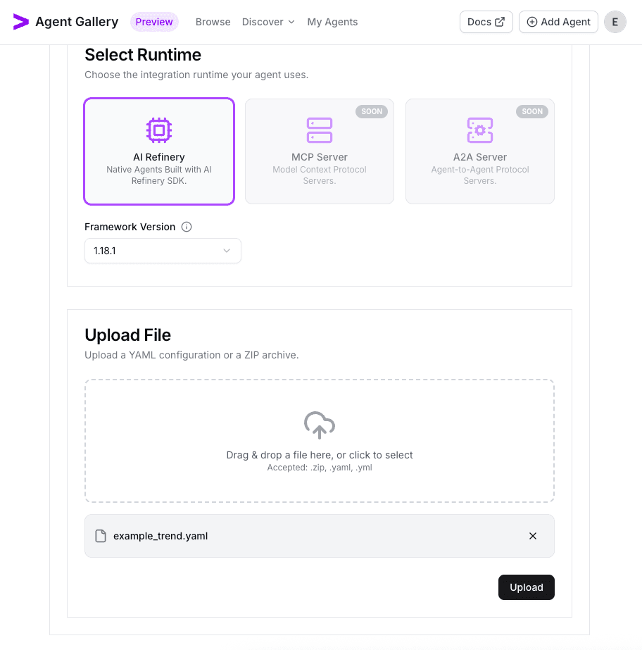 Runtime tab with google-vertex-example.yaml uploaded for the Google Vertex agent