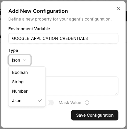Configuration dialog listing Google Vertex variables