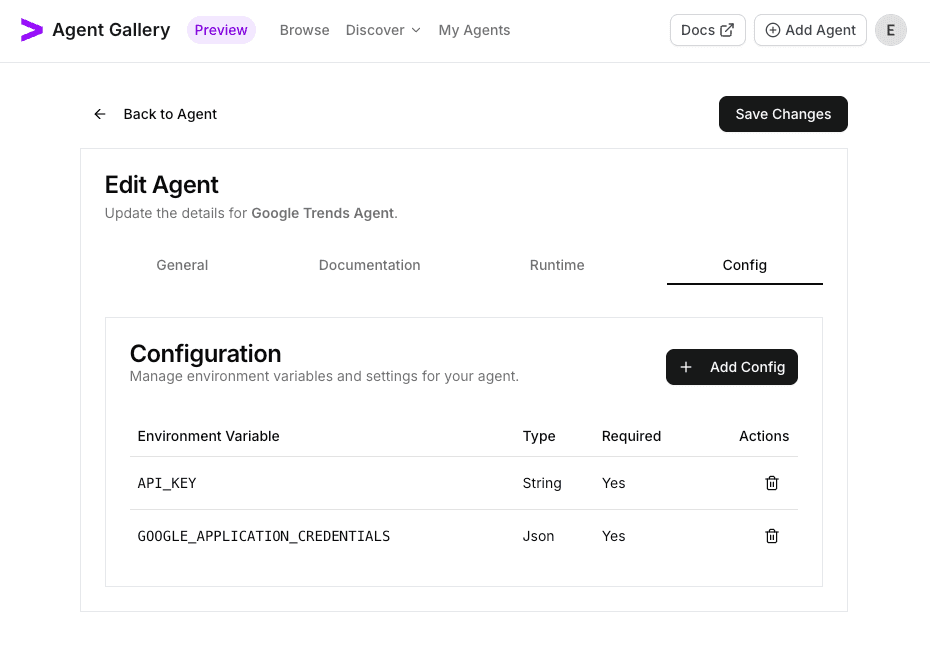 Configuration tab showing Google Vertex secrets saved