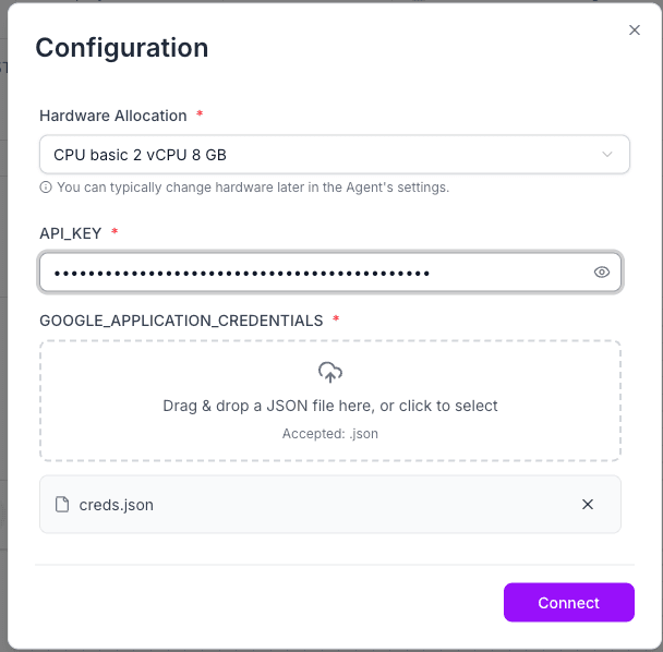 Run dialog for the Google Vertex agent