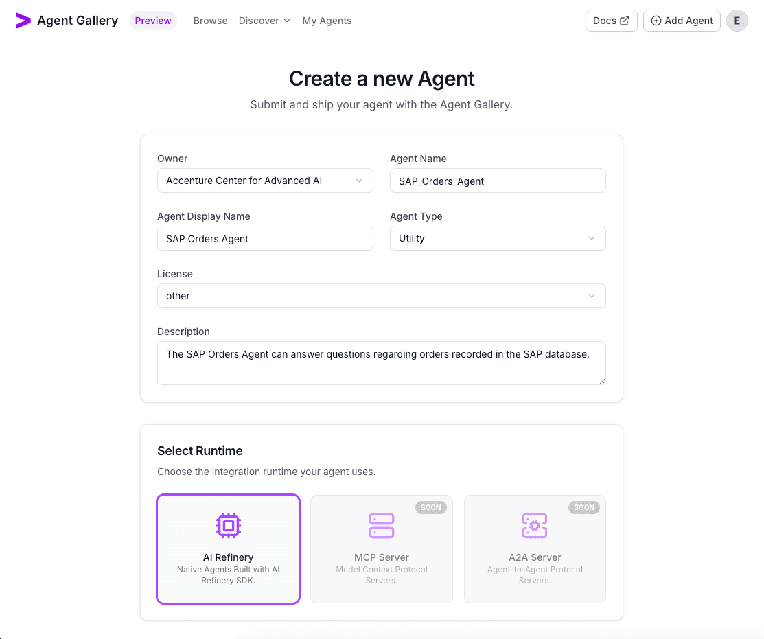 Create SAP agent form completed