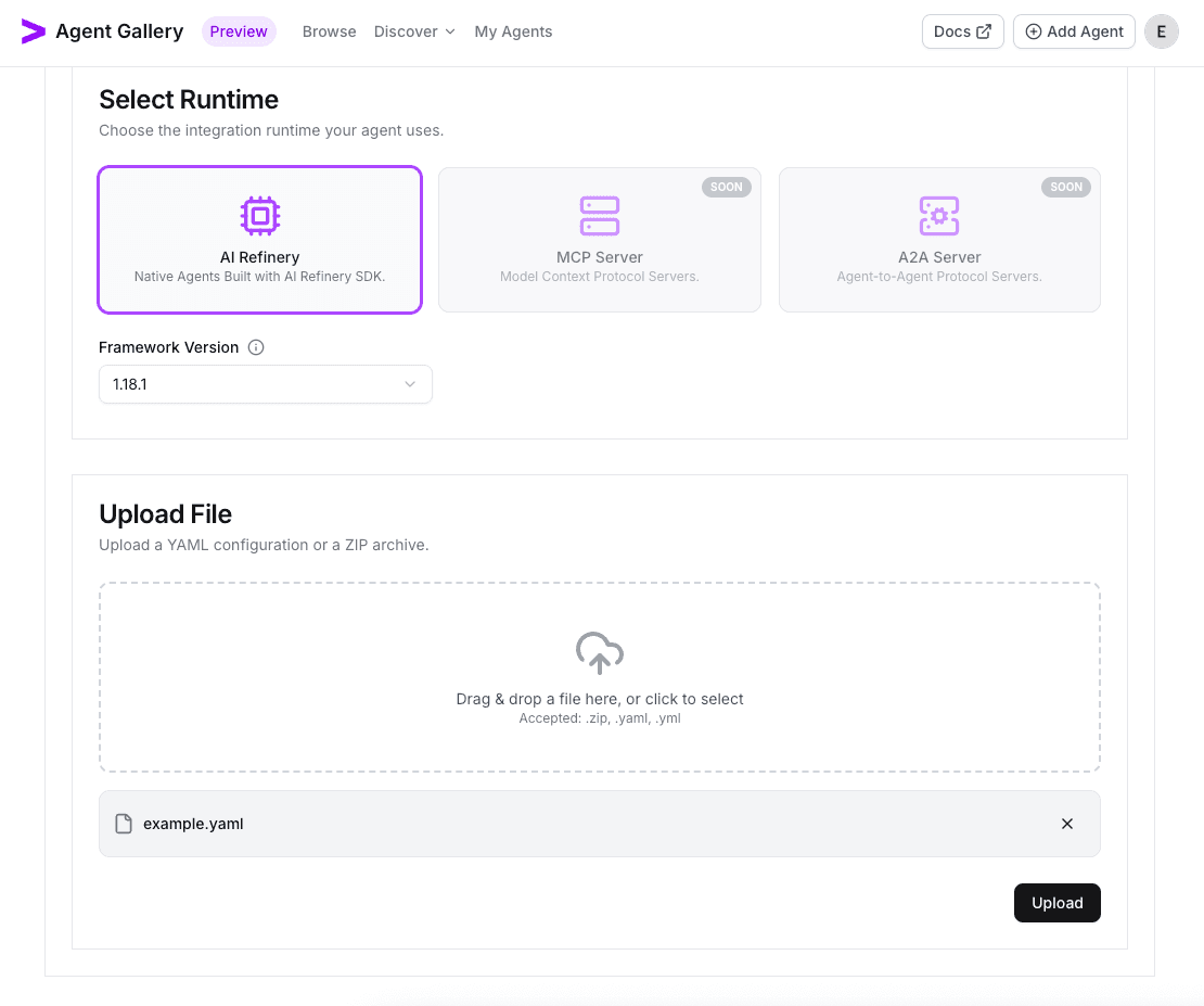Runtime tab with sap-example.yaml uploaded for the SAP agent