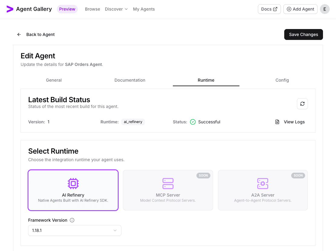 Runtime build status showing the SAP YAML uploaded successfully