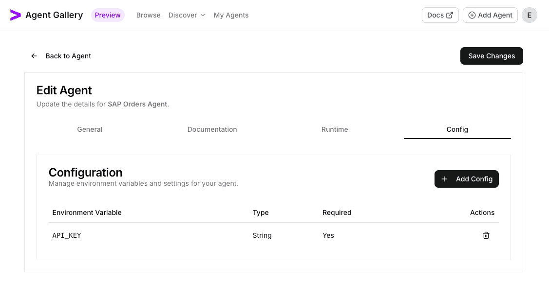 Configuration dialog listing SAP variables