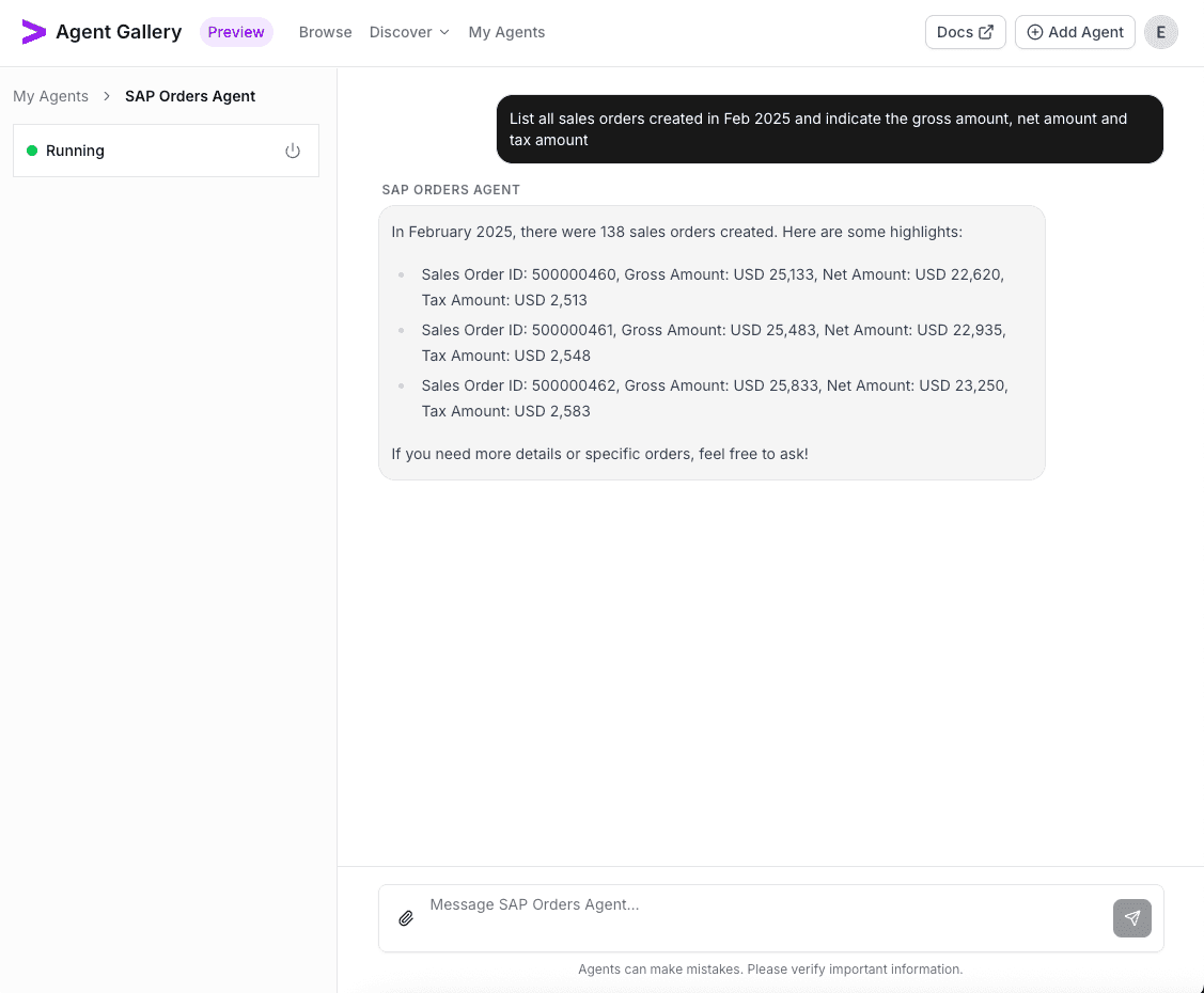 Chat transcript showing SAP agent responses