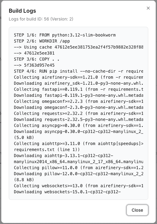 Runtime build logs with container output