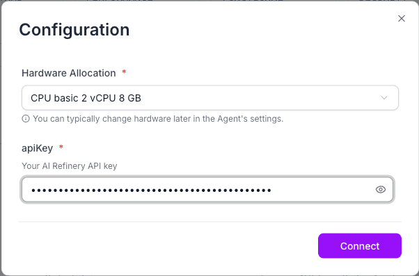 Run dialog with config fields populated for execution
