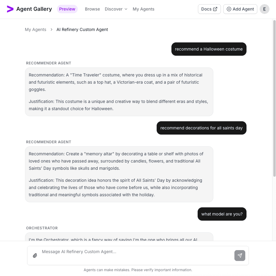 Query results streamed from the custom AI Refinery agent