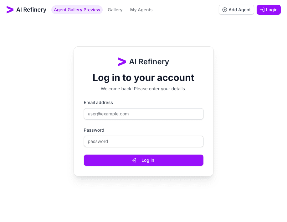 Agent Gallery login screen showing the sign-in form