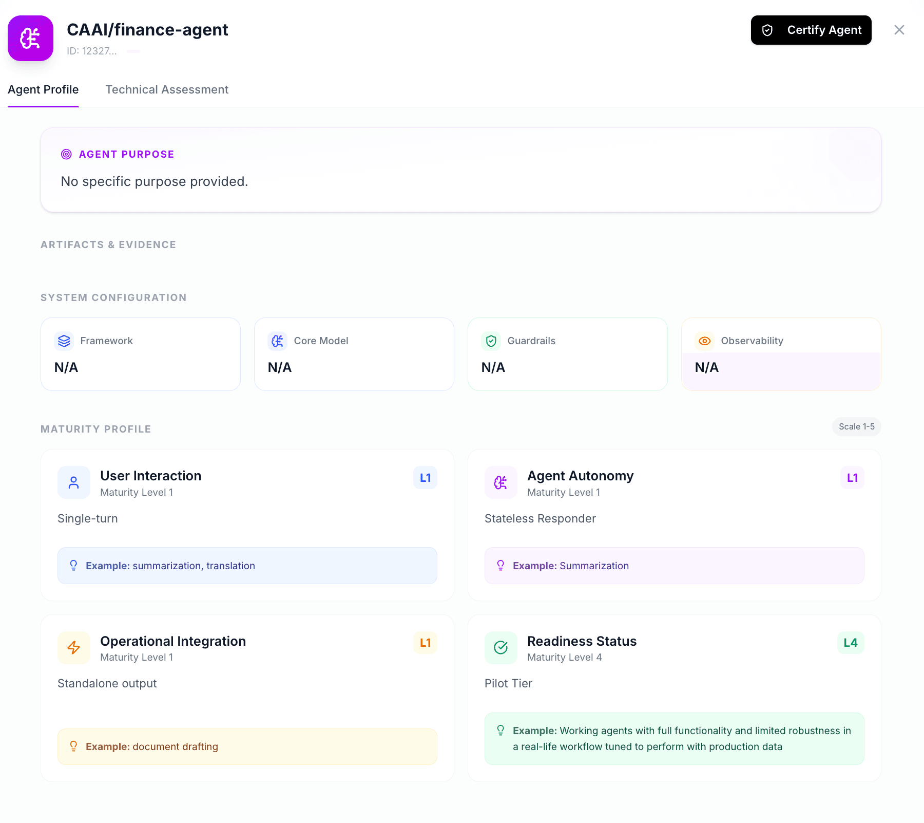 Agent Profile — Maturity Profile (User Interaction, Agent Autonomy, Operational Integration, Readiness Status) and Certify Agent.