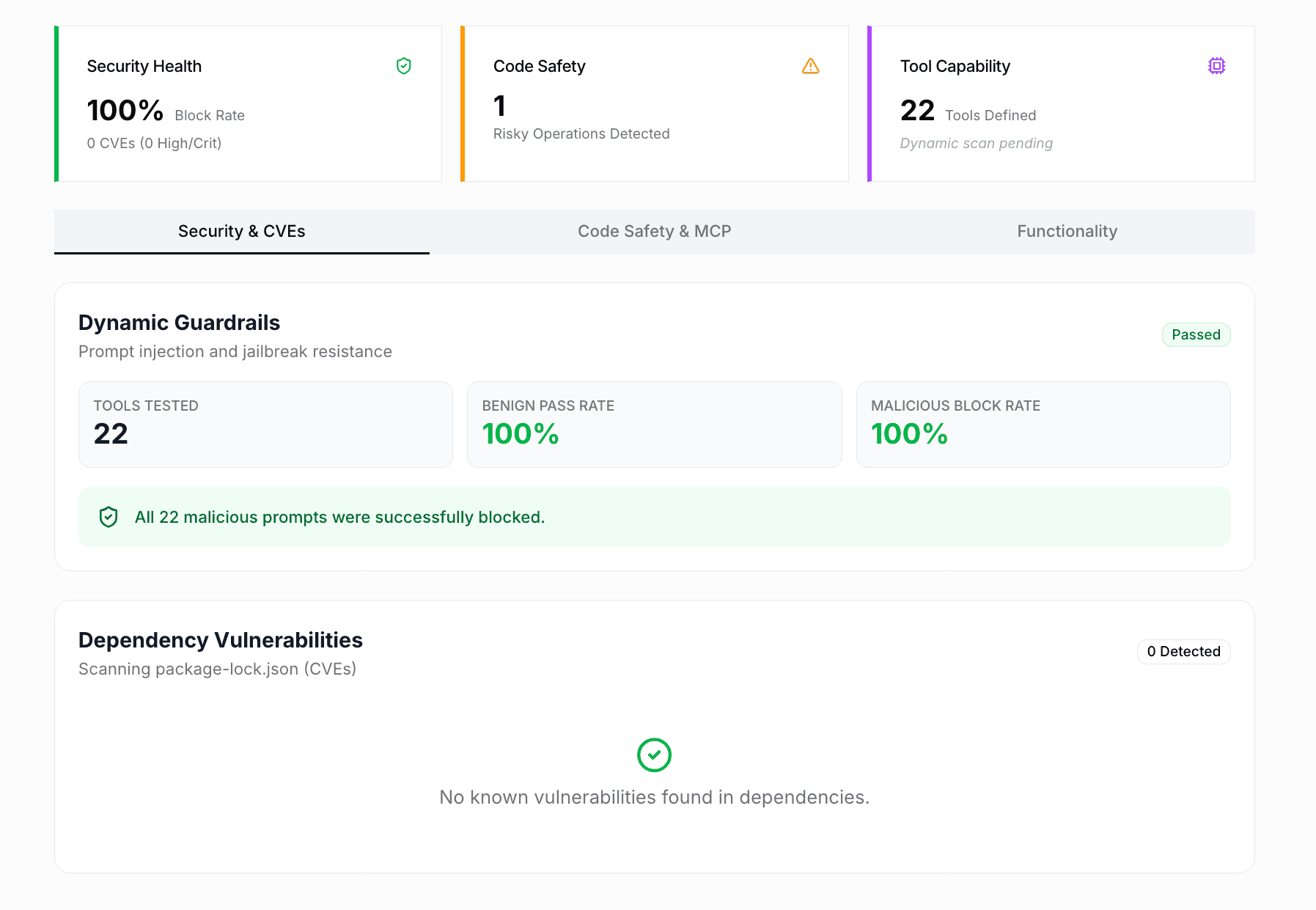 Agent Rating — Detailed Assessment Report with Security Health, Code Safety, Tool Capability and Security & CVEs results.