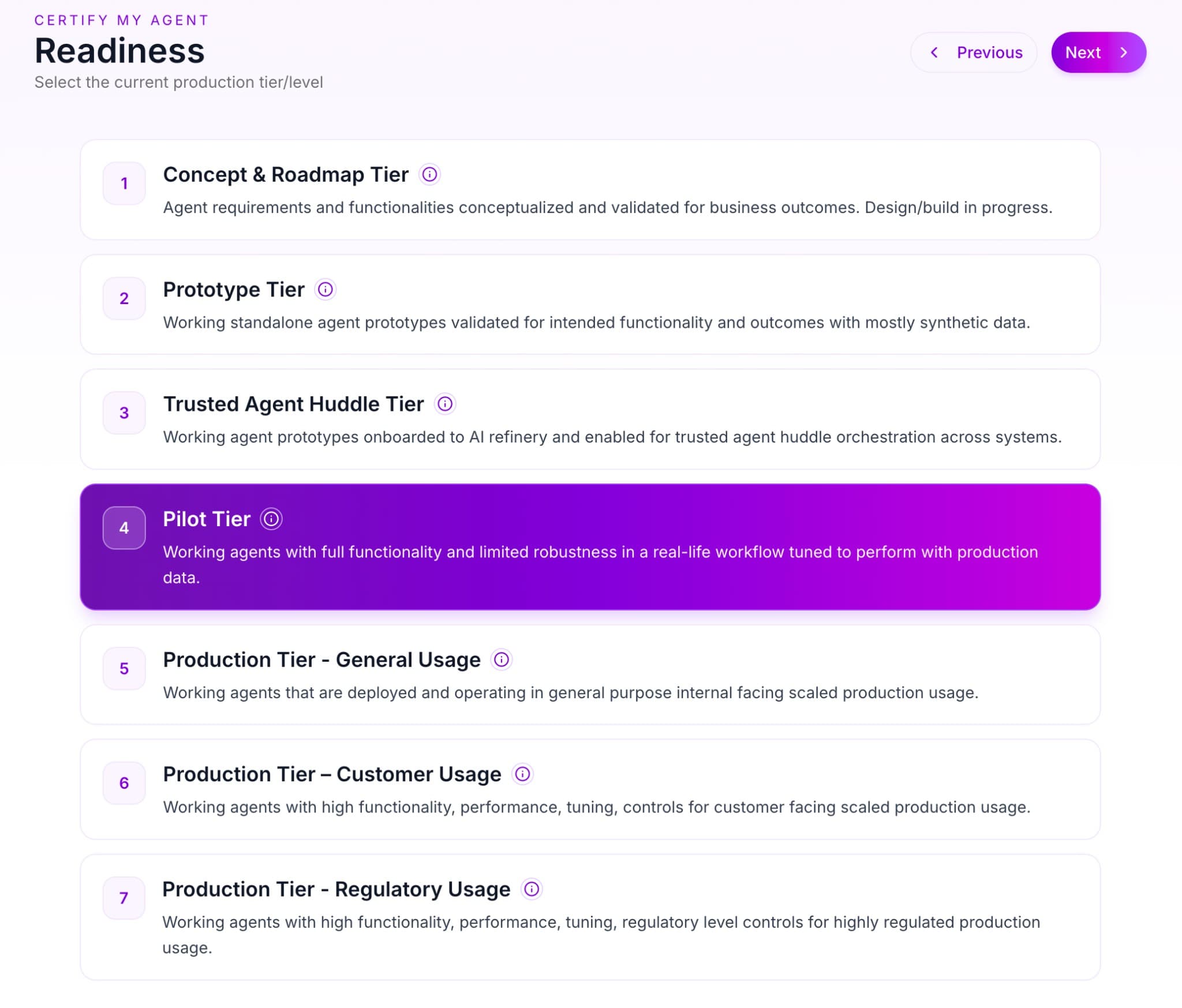 Certify My Agent — Readiness step showing the seven TRL tiers.