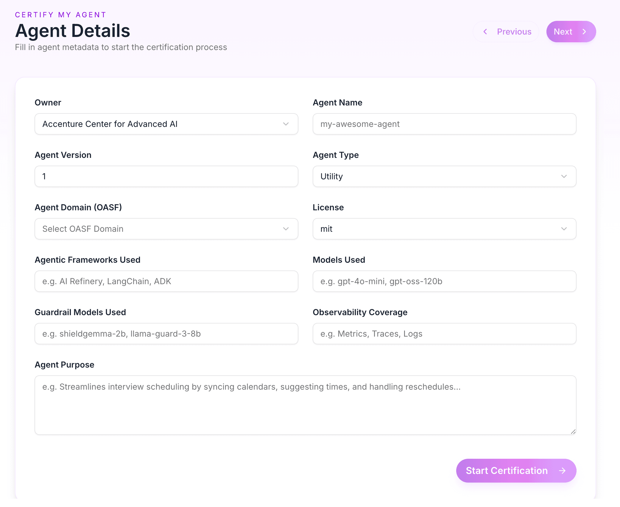 Agent Details form showing all required fields